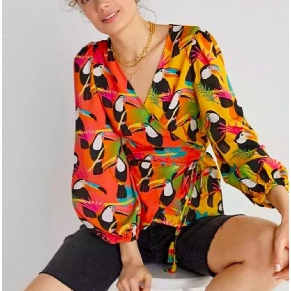 Farm Rio Rainforest Surplice Wrap Blouse Toucan Bright Long Sleeve Size Small